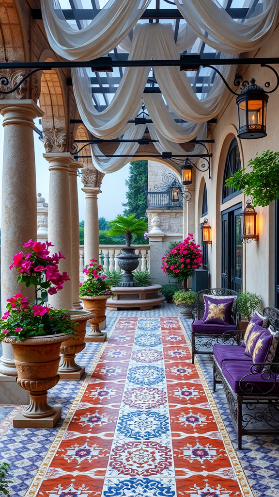 Luxurious Mediterranean courtyard covered patio with elegant drapery, colorful flowers, and intricate tile flooring.