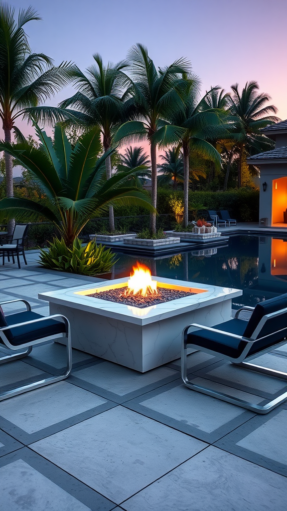 A modern poolside patio with a fire pit surrounded by palm trees and sleek seating.