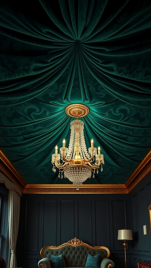 A luxurious bedroom ceiling featuring deep velvet draping with gold trims and a chandelier.