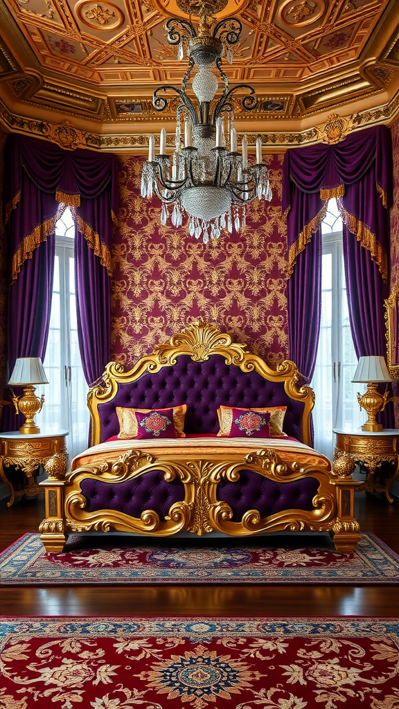 Luxurious Italian Baroque bedroom with a purple and gold bed, ornate chandelier, and rich wallpaper.