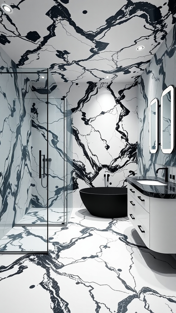 Luxurious bathroom featuring black and white marble design with modern fixtures.