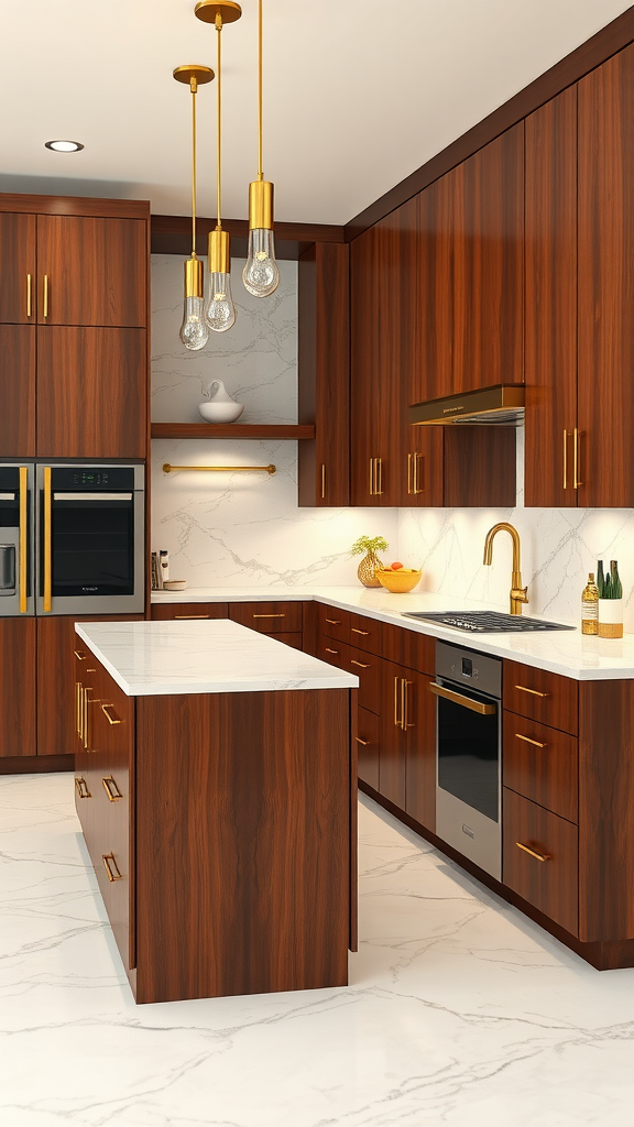 Luxurious mid-century kitchen featuring dark wood cabinetry, gold accents, marble countertops, and stylish pendant lighting.