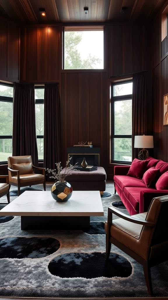 Moody Mid Century Modern Living Room with dark wooden walls and red sectional sofa