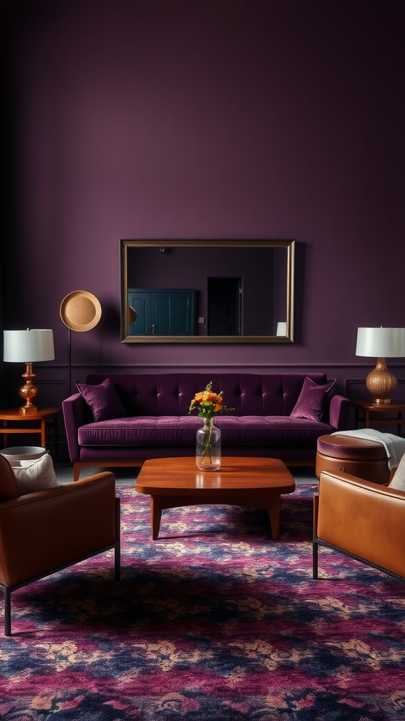 A luxurious mid-century modern living room featuring a velvet sofa, wooden coffee table, and patterned rug, with rich purple walls.