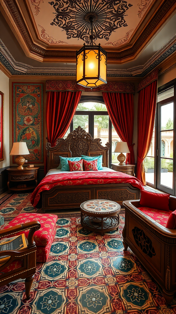 A luxurious Moroccan master bedroom with rich red and turquoise decor, intricate wooden furniture, and a stunning ceiling design.