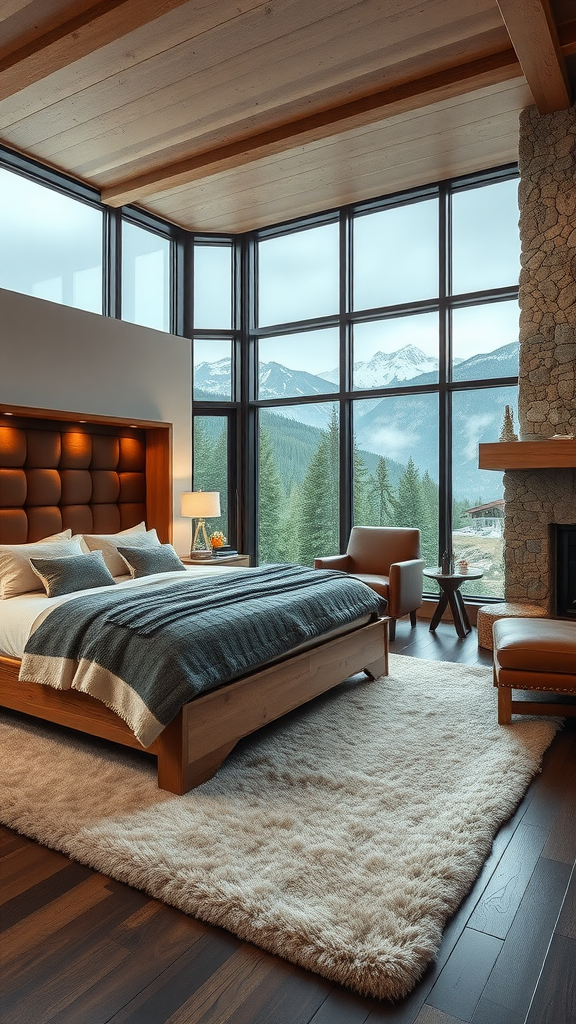 Luxurious mountain lodge bedroom with large windows, wooden beams, and a cozy bed.