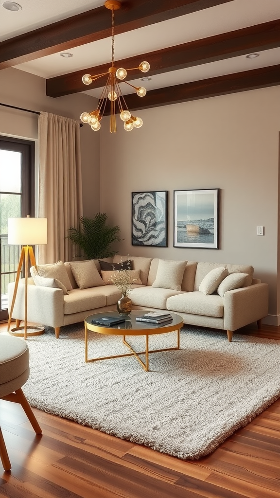 Cozy mid-century modern living room with beige sectional sofa, gold coffee table, and natural light.