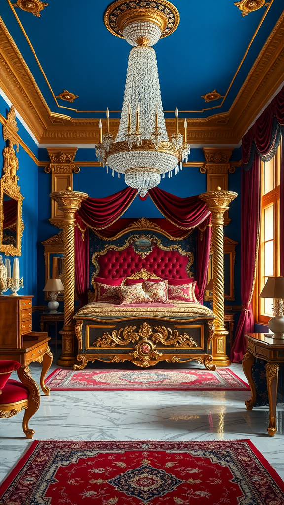 Luxurious Renaissance Revival bedroom featuring a grand bed, ornate chandelier, and rich blue and gold decor.