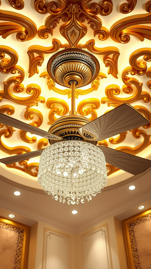 Ceiling design with a crystal fan in a luxury bedroom.