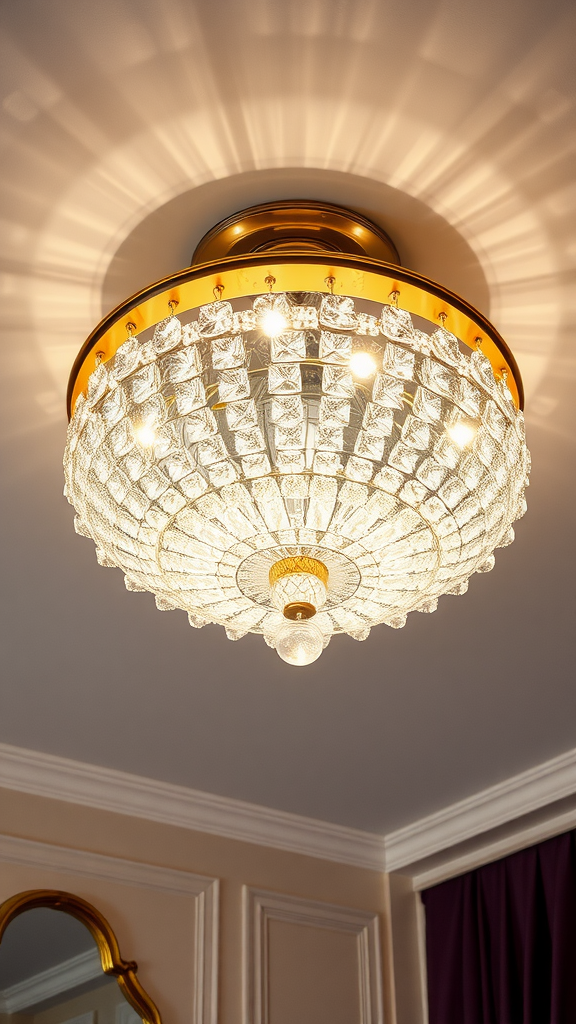 Luxury dome crystal ceiling light illuminating a bedroom