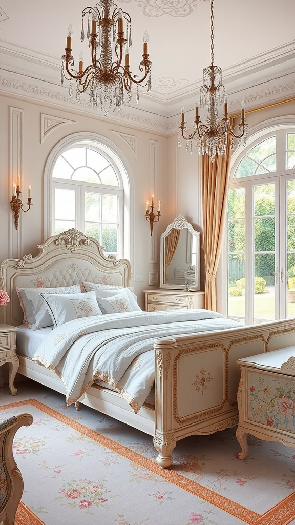 Elegant French Provincial master bedroom design featuring a chandelier, large windows, ornate furniture, and pastel color scheme.