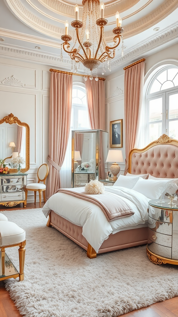 A luxurious teenage girl's bedroom featuring pink tones, a chandelier, and mirrored furniture.