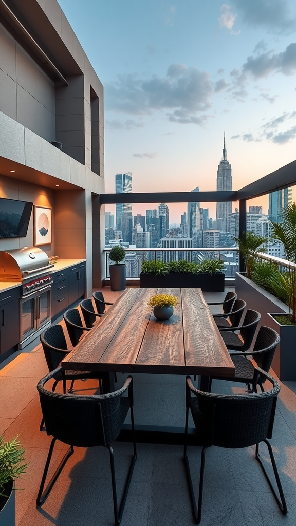 Luxury high-rise outdoor kitchen patio with wooden dining table, grill, and city skyline view.