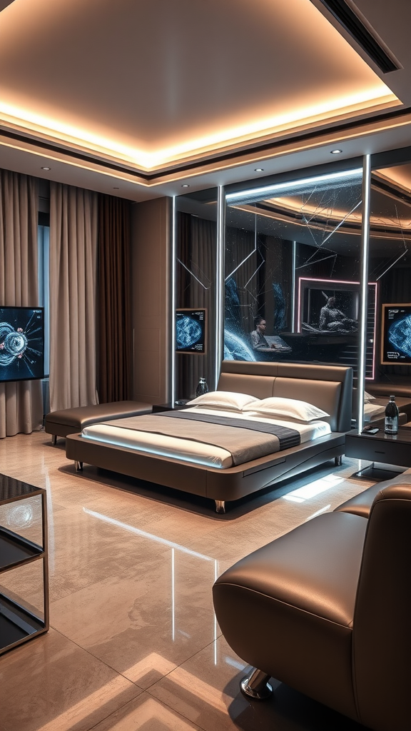 A modern luxury high-tech bedroom with a sleek bed, ambient lighting, and integrated technology.