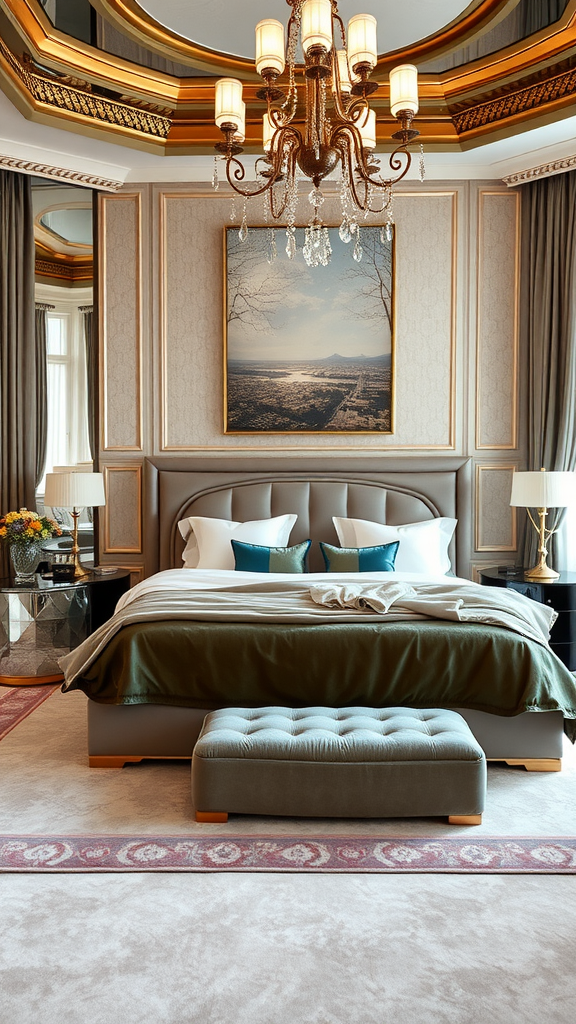 Luxurious hotel-inspired bedroom featuring a plush bed, elegant chandelier, and stylish decor.