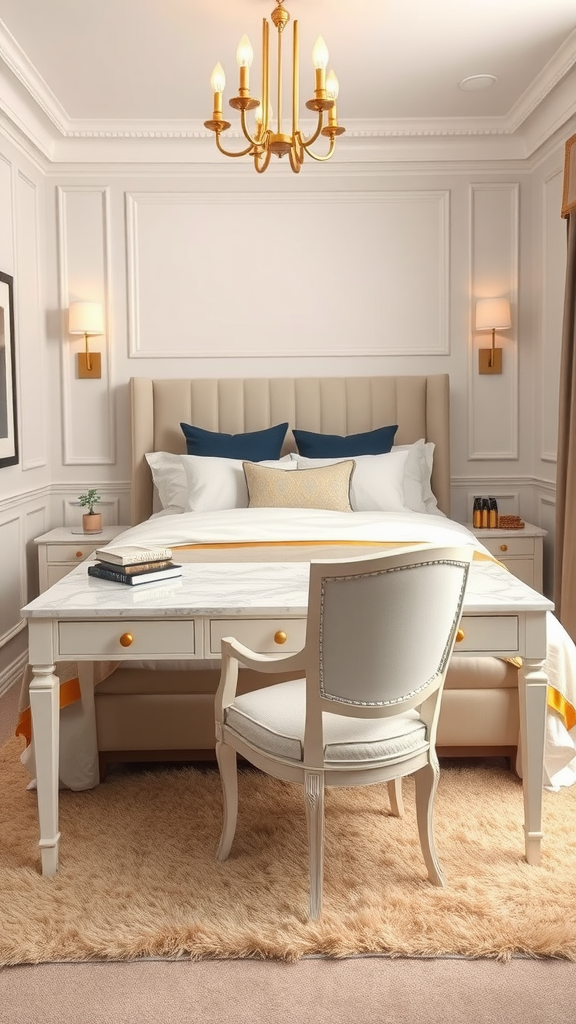 A luxury hotel-inspired dorm room featuring a plush bed, elegant desk, and stylish lighting.