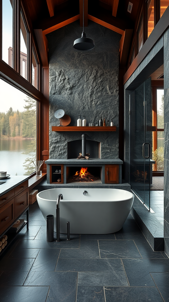 A luxurious lake house bathroom featuring a freestanding tub, fireplace, and large windows with lake views.