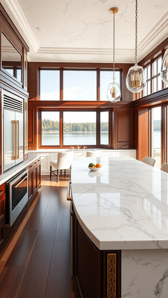 A luxurious kitchen with large windows overlooking a lake, featuring marble countertops and rich wooden cabinetry.