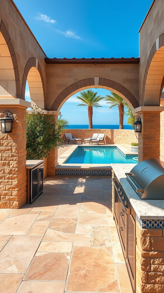 Luxury Mediterranean outdoor kitchen patio with arches, pool, and palm trees