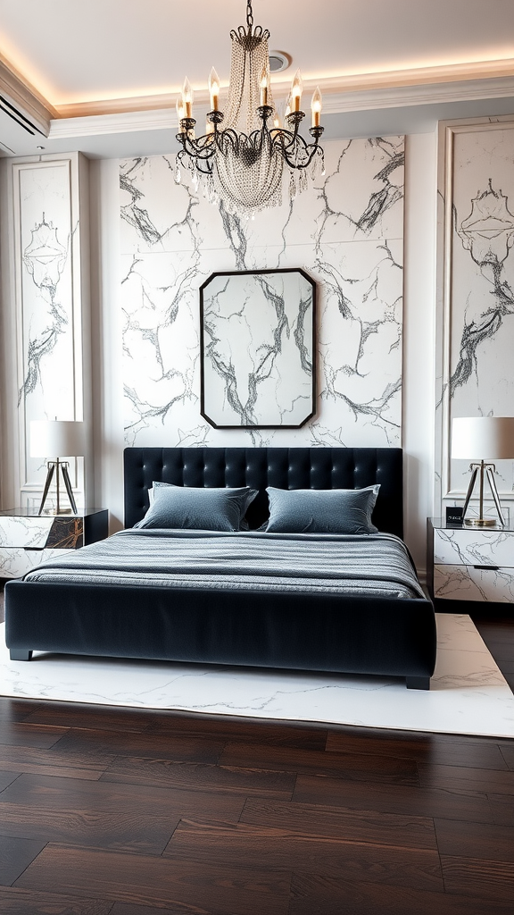 A luxury modern bedroom featuring a black bed with marble accents, elegant chandelier, and stylish decor.