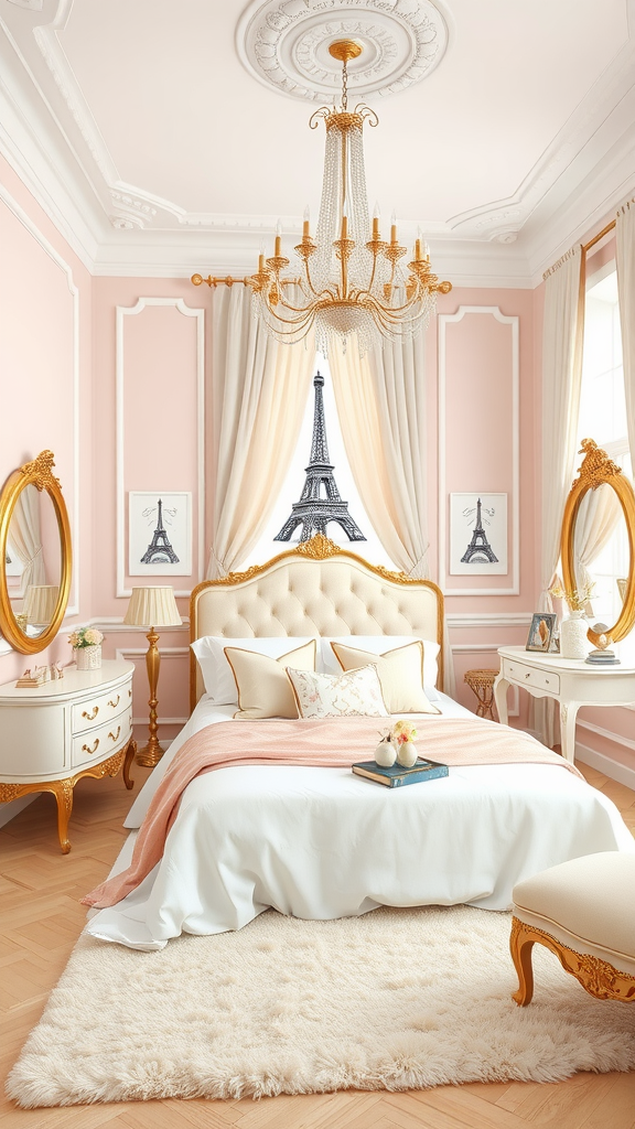 A luxury bedroom with pink walls, a chandelier, a white bed with decorative pillows, and a view of the Eiffel Tower.