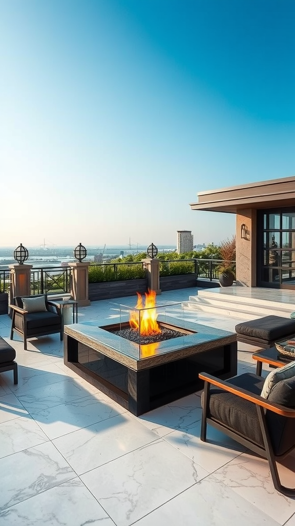 A luxurious patio with a glass surround fire pit and comfortable seating.