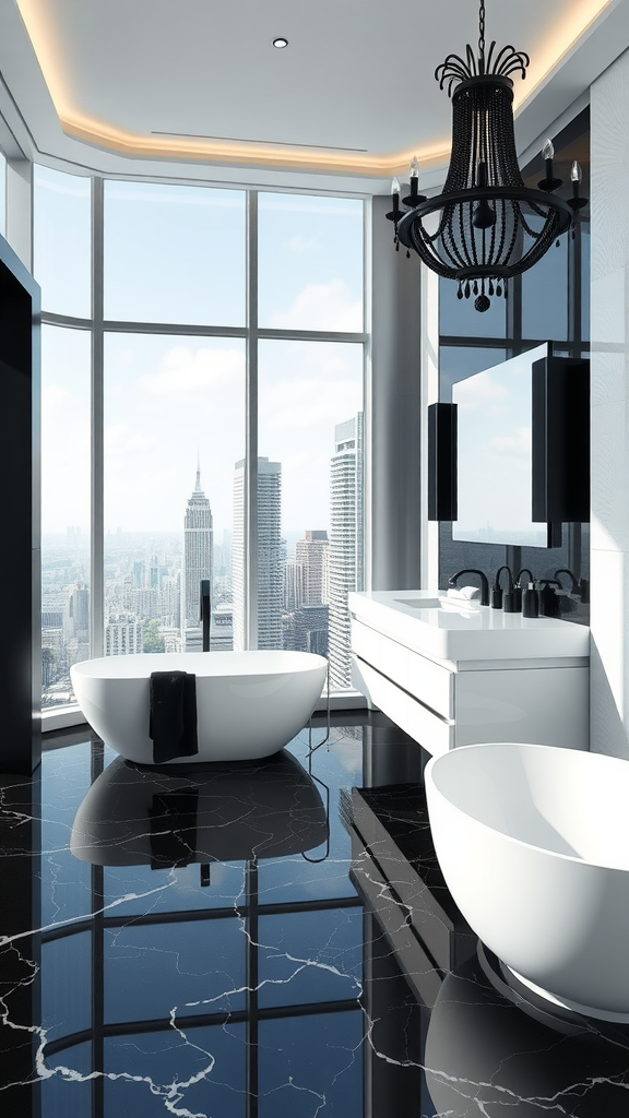 Luxury penthouse bathroom with city skyline view, featuring black marble flooring, freestanding bathtubs, and modern chandelier.