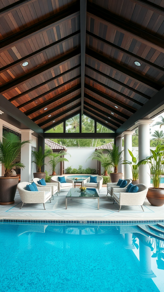 Luxury poolside covered patio with stylish seating and a view of the pool