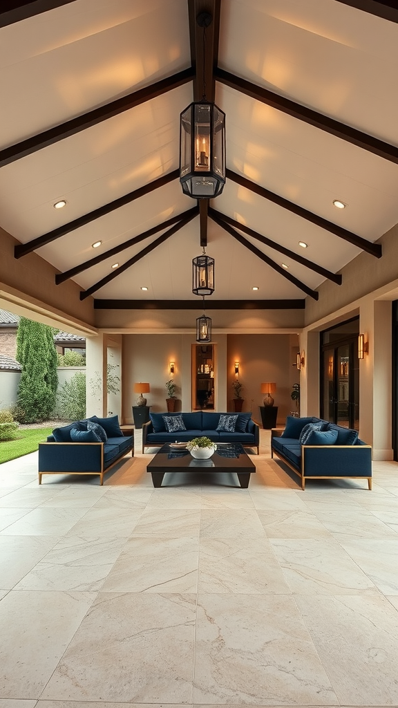 Luxurious covered patio with elegant seating and warm lighting