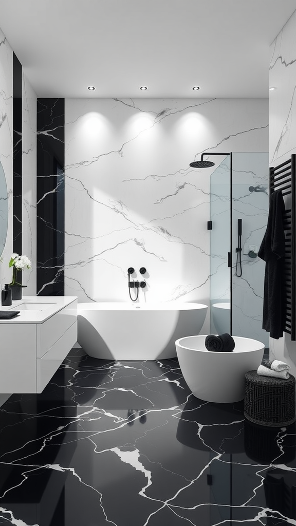 A modern black and white bathroom featuring a freestanding tub, rainfall shower, and elegant marble walls.