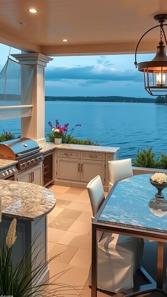 Luxury outdoor kitchen patio with a view of the water