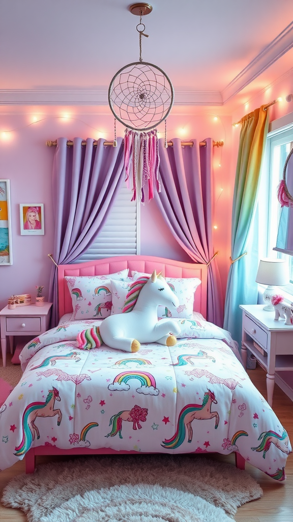 A vibrant unicorn-themed bedroom featuring pink walls, colorful bedding, and a plush unicorn pillow.