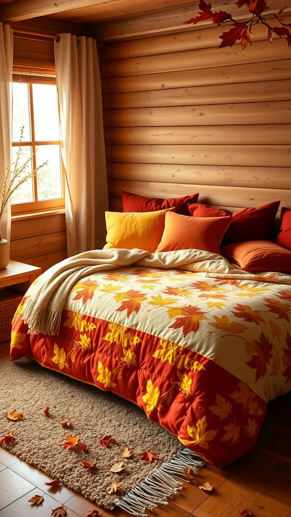 Cozy fall bedroom with a maple leaf quilt and warm colors