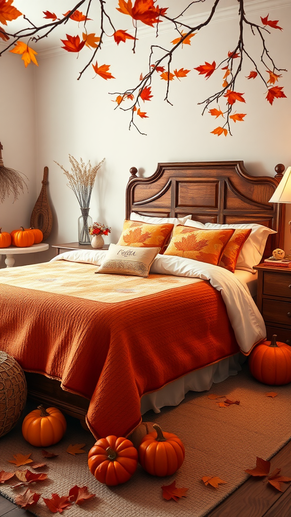 A cozy fall bedroom featuring a wooden bed with orange bedding, decorated with maple leaves and pumpkins.