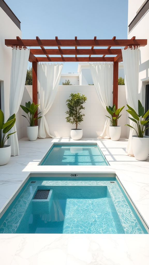 A modern marble plunge pool with a lounge area featuring a wooden pergola and potted plants.