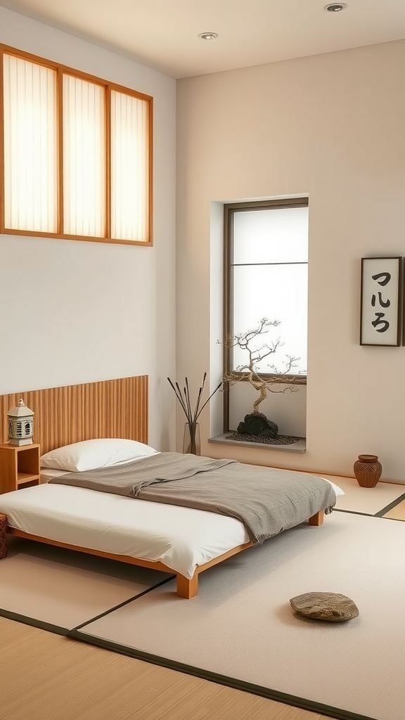 A minimalistic bedroom with a bed, soft linens, and natural decor elements like stones and plants.