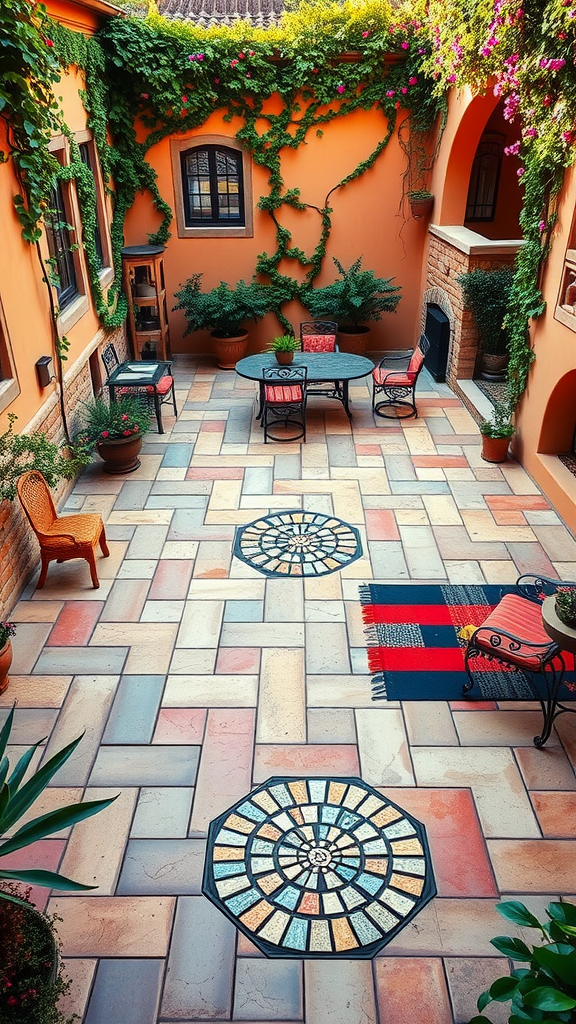 Mediterranean-inspired paver patio with colorful pavers and lush greenery.