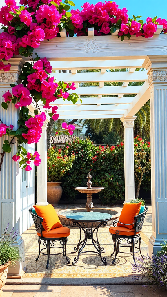 A Mediterranean-style pergola adorned with pink bougainvillea, featuring a small table and two chairs.