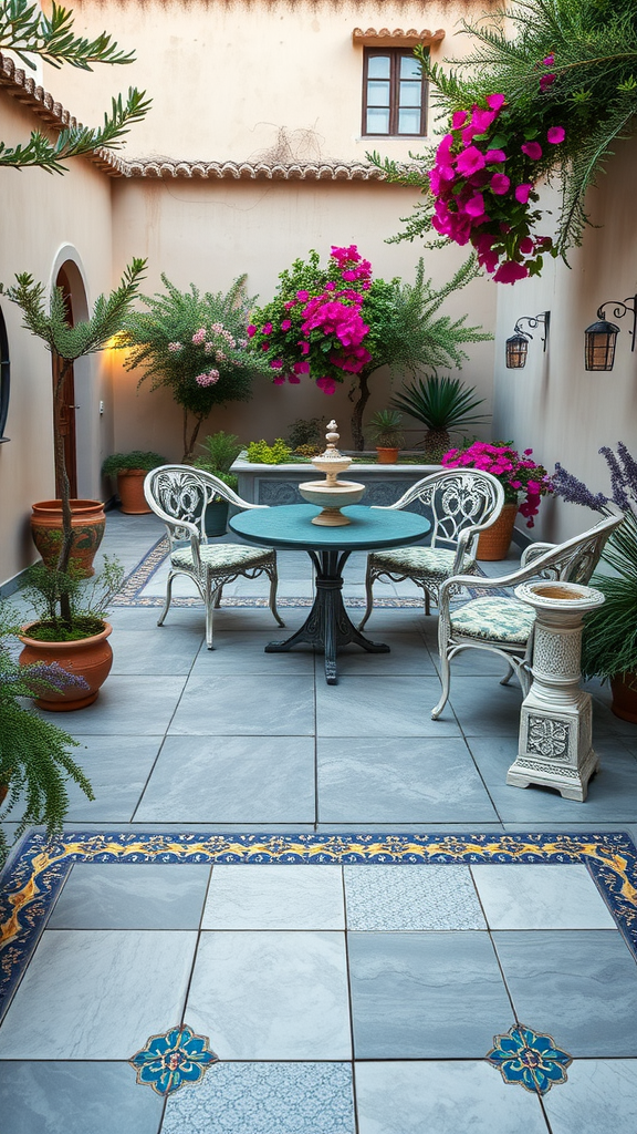 Mediterranean concrete patio featuring tiled accents, plants, and a round table with chairs.