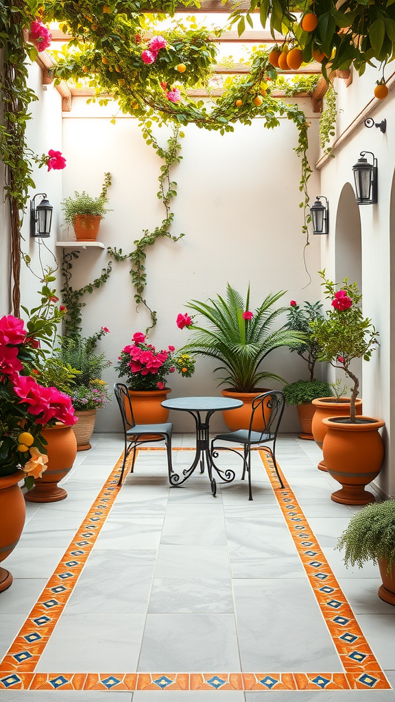 A Mediterranean courtyard-style concrete patio with potted plants and a small table.