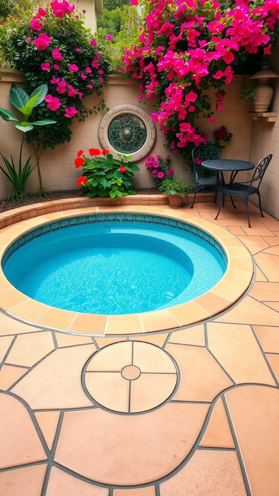 A small round plunge pool surrounded by vibrant flowers and a decorative wall, with a cozy seating area nearby.