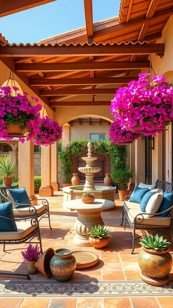 Beautiful Mediterranean covered patio with vibrant flowers, a fountain, and comfortable seating.