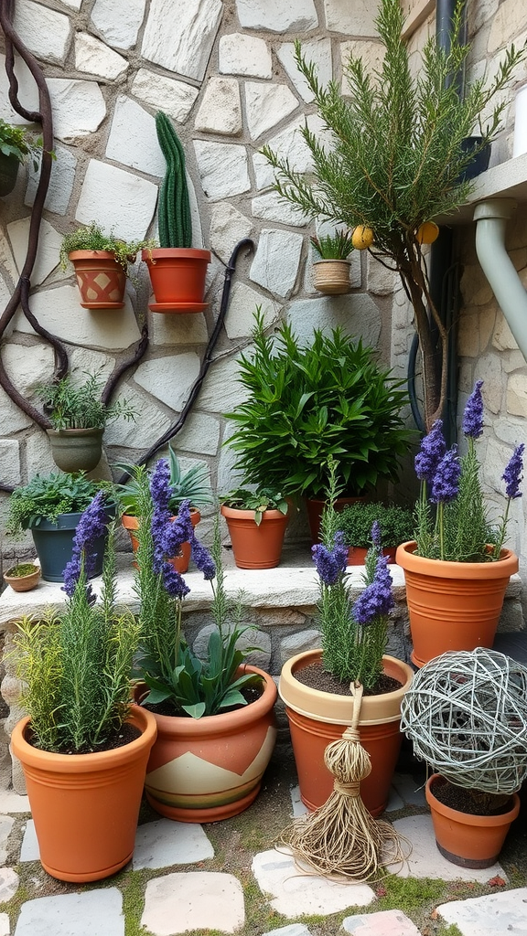 A Mediterranean herb garden with terracotta pots containing various herbs and flowers, set against a stone wall.