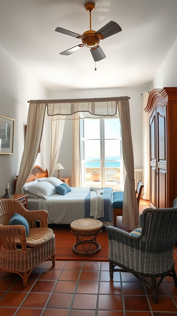 A cozy Mediterranean bedroom featuring a bed, wicker chairs, and a stunning view of the sea through large windows.