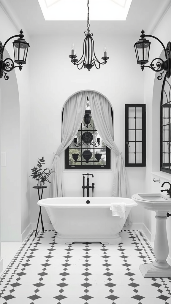 A black and white bathroom featuring a freestanding tub, elegant chandeliers, intricate floor tiles, and a window with soft drapery.