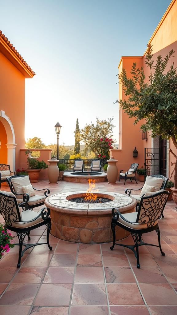 A cozy Mediterranean patio featuring a circular stone fire pit surrounded by comfortable chairs, colorful potted plants, and warm evening light.