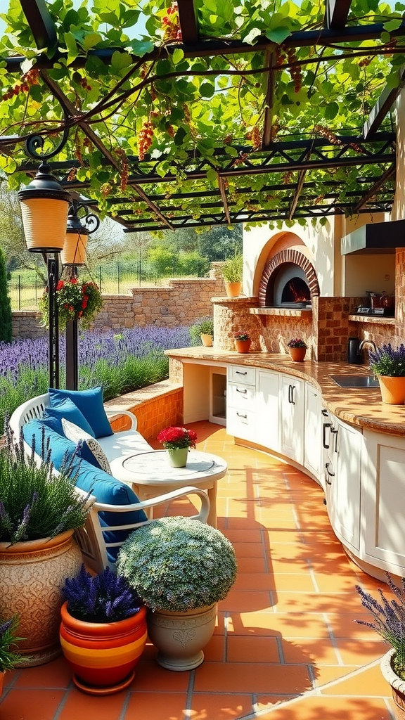 Mediterranean outdoor kitchen patio with terracotta tiles, white cabinetry, and grapevines overhead