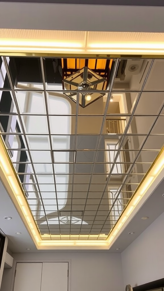 Ceiling with mirrored tiles reflecting light in a stylish bedroom