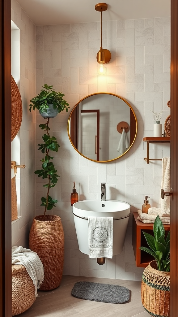 A stylish bathroom featuring a round gold-framed mirror, pendant lighting, plants, and woven baskets, showcasing a mid-century boho mix.