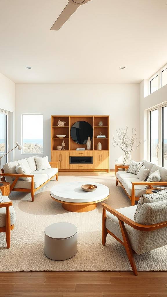 A modern coastal living room featuring mid-century furniture with natural light and a serene atmosphere.